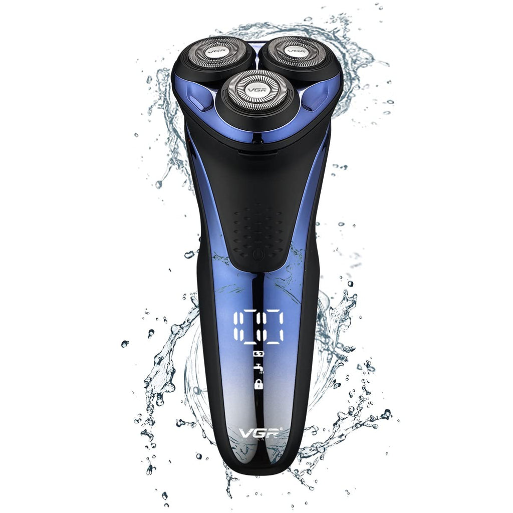 VGR V306 Waterproof Electric Shaver – Cordless Rechargeable Rotary Razor with Pop-Up Trimmer, LED Display (Blue)