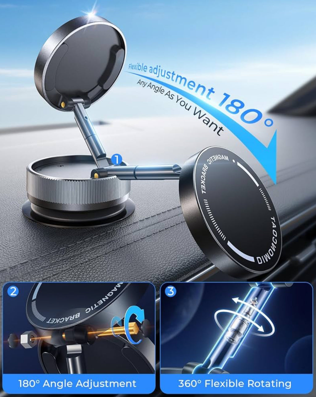 Magnetic Car Phone Mount – Upgraded Vacuum Suction Holder, 360° Adjustable Dashboard & Windshield Bracket