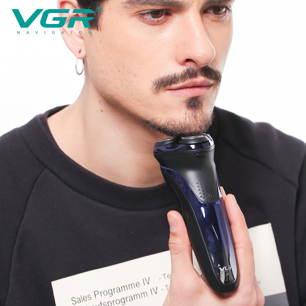 VGR V306 Waterproof Electric Shaver – Cordless Rechargeable Rotary Razor with Pop-Up Trimmer, LED Display (Blue)