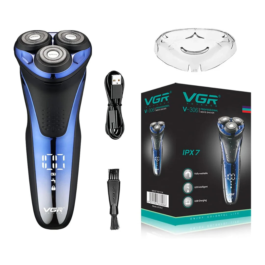 VGR V306 Waterproof Electric Shaver – Cordless Rechargeable Rotary Razor with Pop-Up Trimmer, LED Display (Blue)
