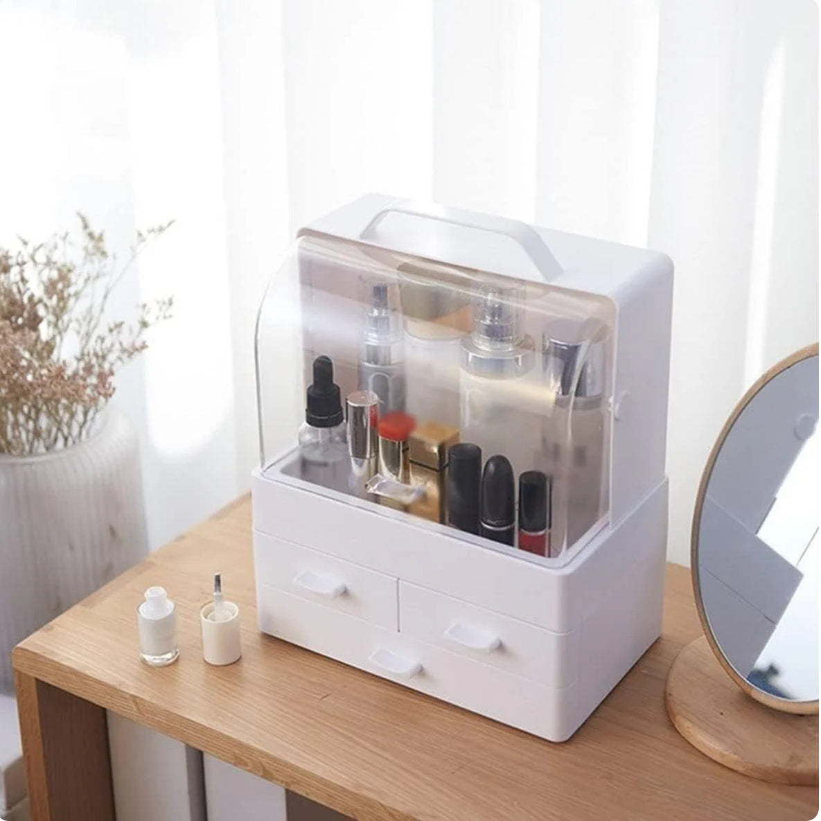 Makeup Organizer, Portable Skin Care Display Case with 3 Drawer