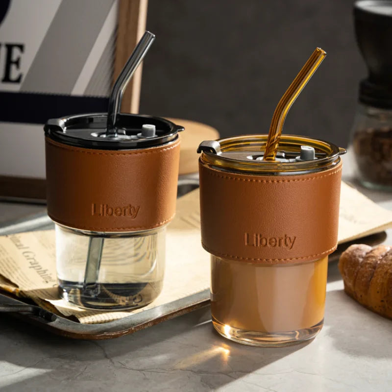 360ml Coffee Glass Tumbler with Silicone Straw, Lid & Leather Sleeve