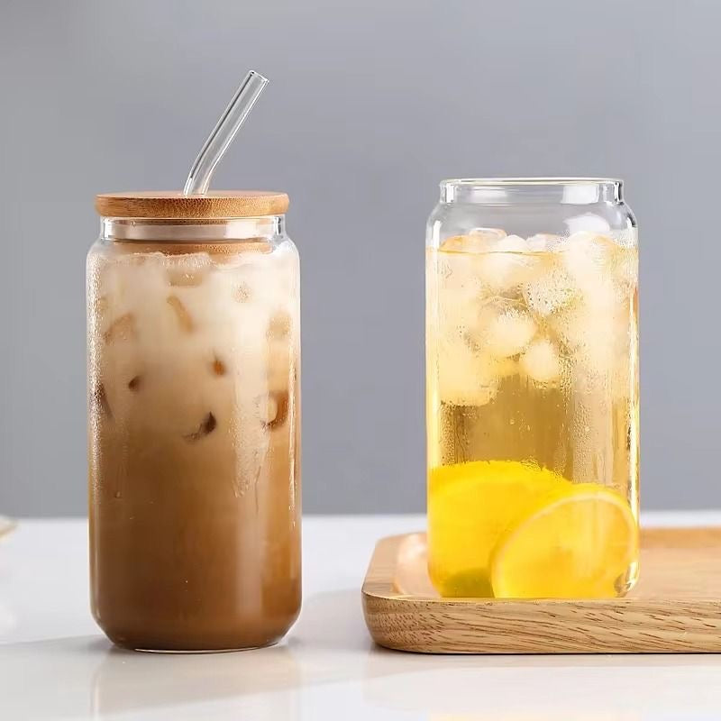 Can Glass Juice Water Cup With Bamboo Wood Lid And Plastic Straw 500 ml