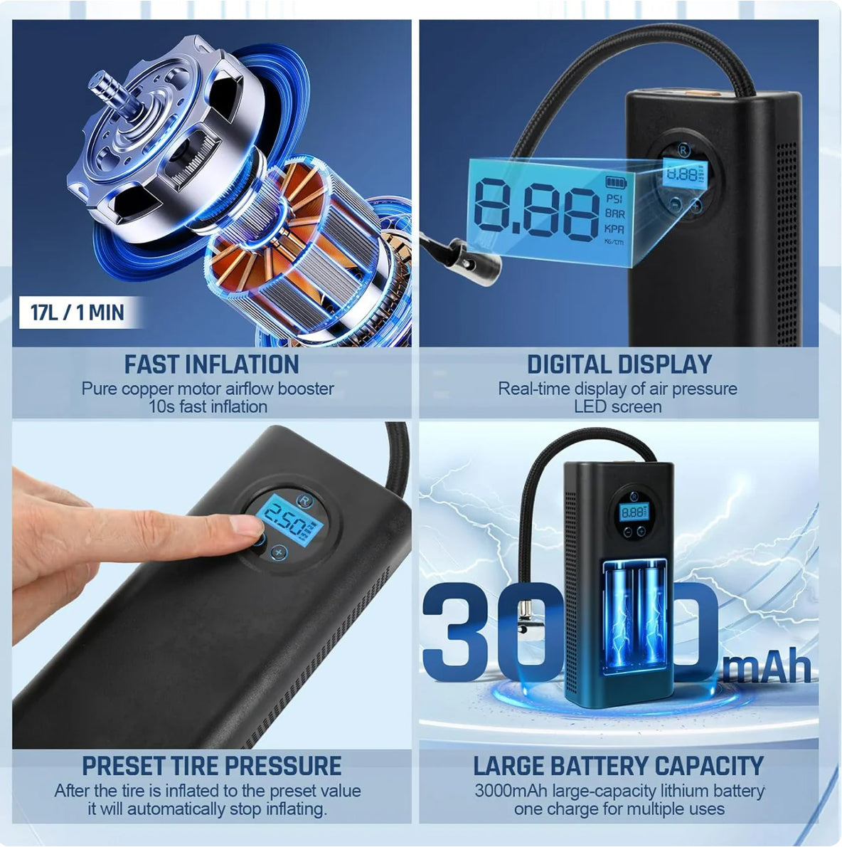 Tire Inflator Portable Air Compressor, Cordless Air Pump