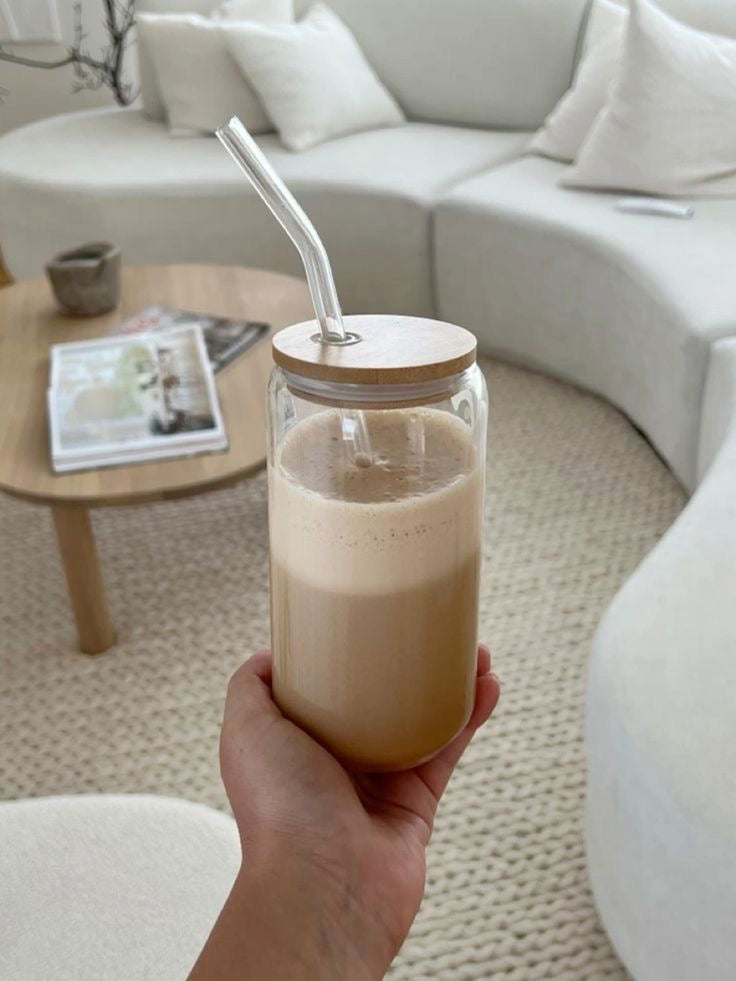 Can Glass Juice Water Cup With Bamboo Wood Lid And Plastic Straw 500 ml