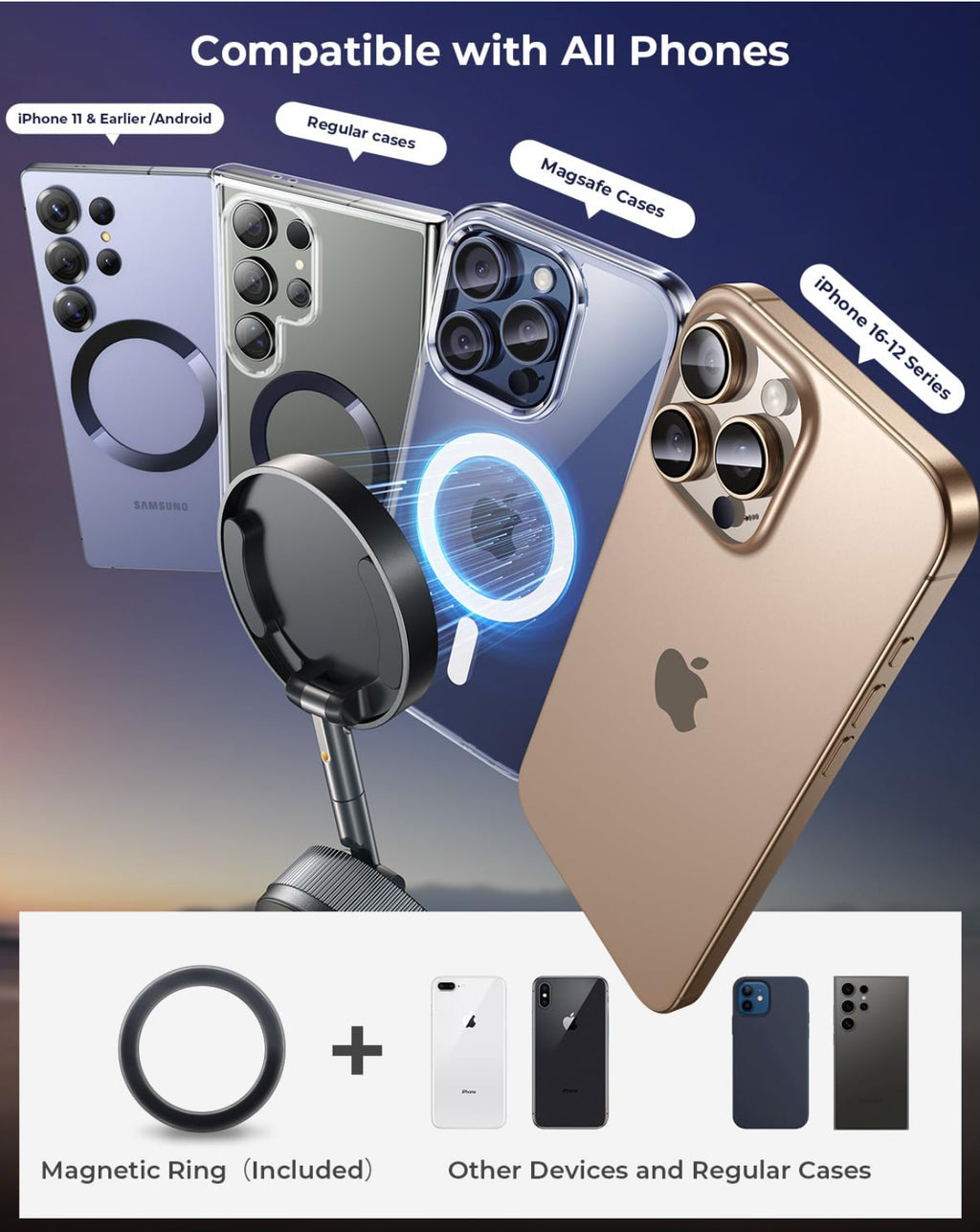 Magnetic Car Phone Mount – Upgraded Vacuum Suction Holder, 360° Adjustable Dashboard & Windshield Bracket