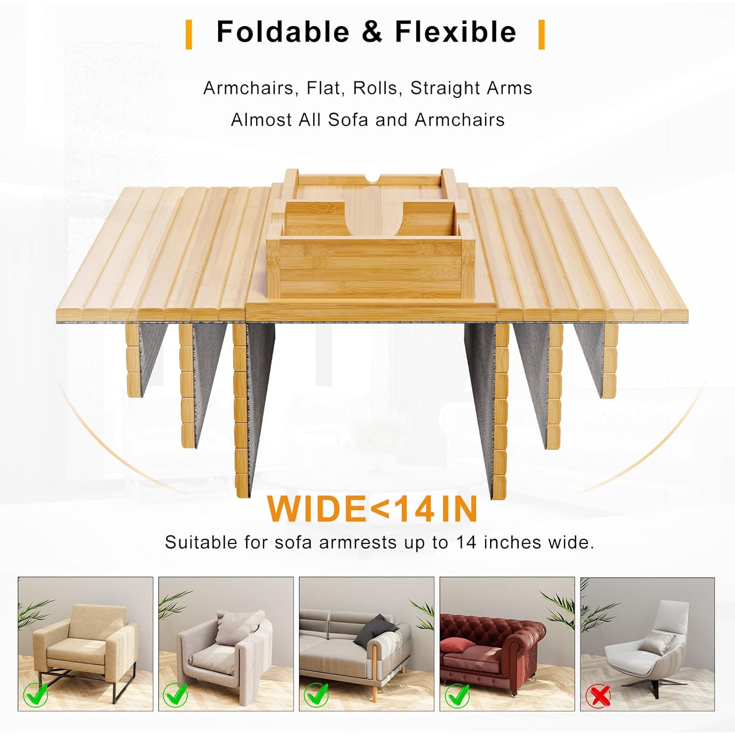 Bamboo Couch Arm Tray – Flexible Sofa Armrest Table