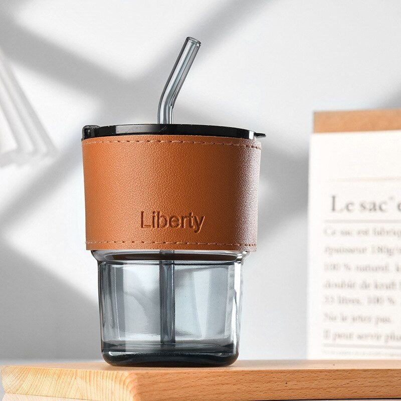 360ml Coffee Glass Tumbler with Silicone Straw, Lid & Leather Sleeve