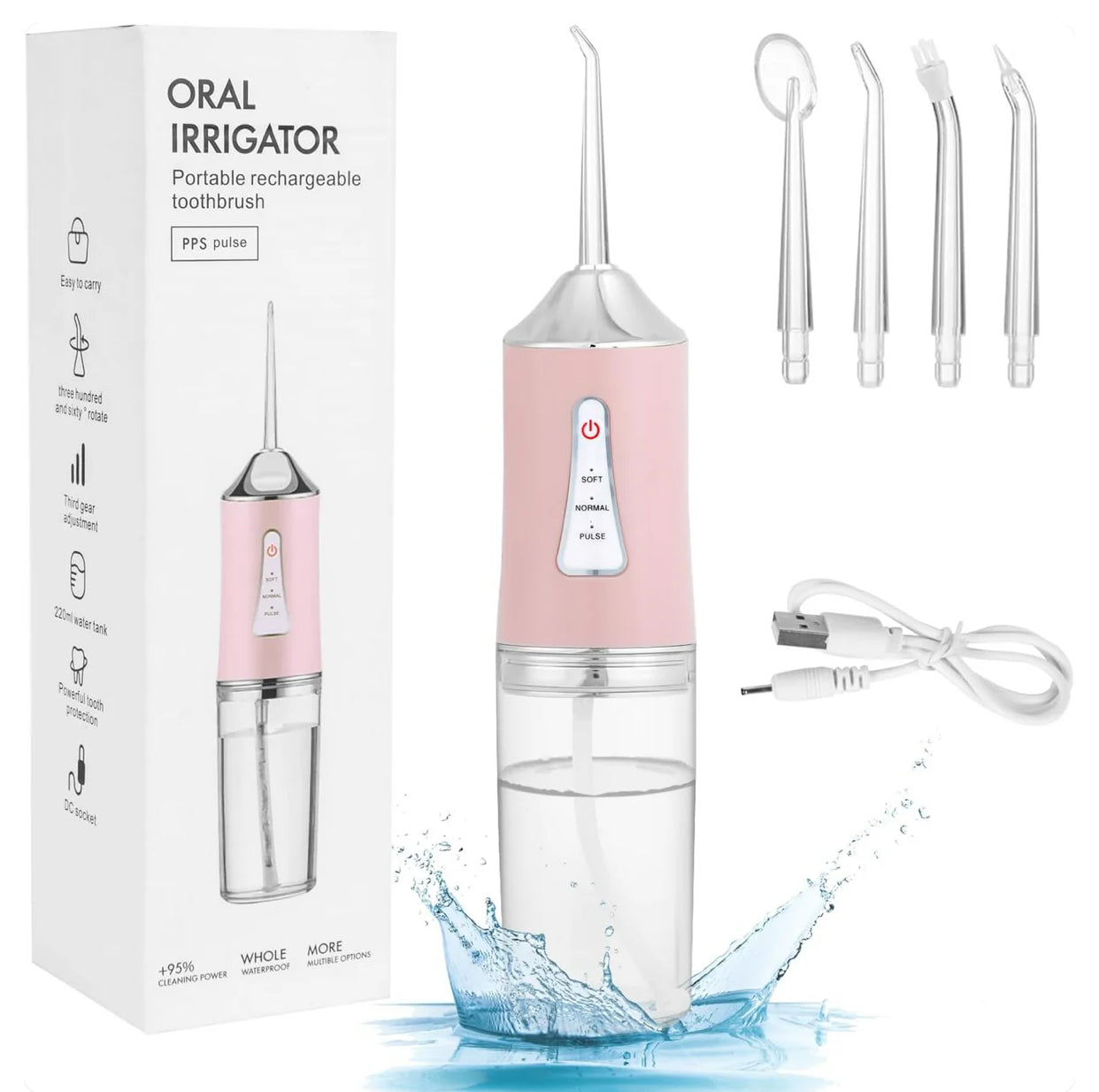 Professional Oral Irrigator for Teeth & Gums with 4 Jet Tips, 3 Modes & 360° Rotation , Water Dental Flosser