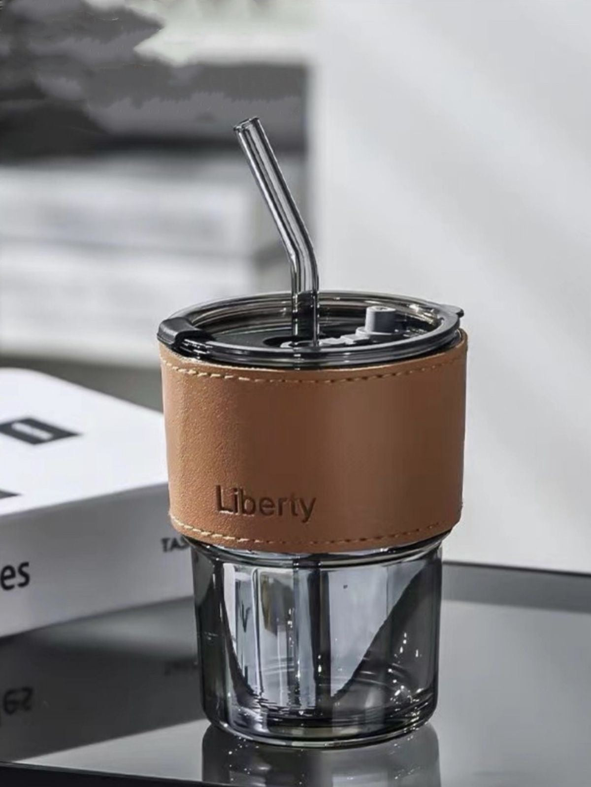 360ml Coffee Glass Tumbler with Silicone Straw, Lid & Leather Sleeve