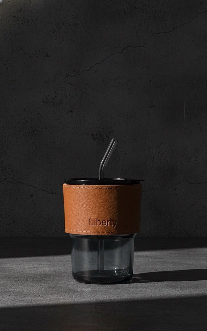 360ml Coffee Glass Tumbler with Silicone Straw, Lid & Leather Sleeve