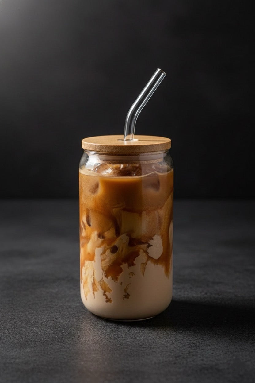 Can Glass Juice Water Cup With Bamboo Wood Lid And Plastic Straw 500 ml