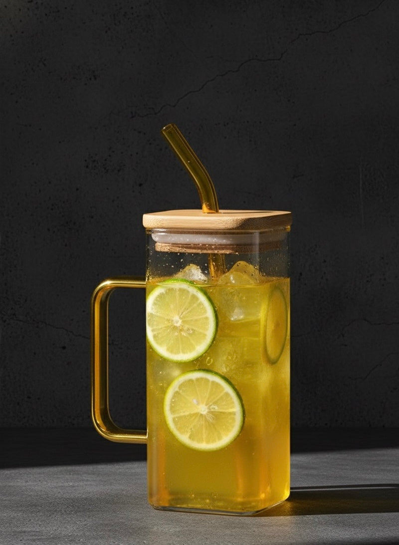 Coffee Can Shaped Glass Mug with Lid & Straw – 540ml